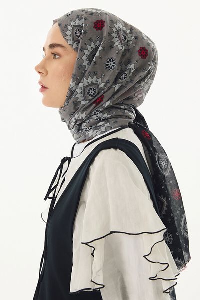 FENZA SCARF Ember Μαύρο-Γκρι Βαμβακερό Σάλι με έθνικ σχέδιο