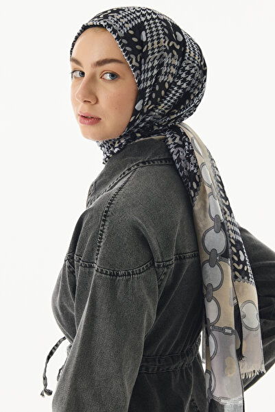 FENZA SCARF MAYA Black Cotton Mini Houndstooth Patterned Shawl