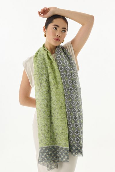 FENZA SCARF Βαμβακερό σάλι με χακί χρώμα βιολετί γεωμετρικό σχέδιο λουλουδιών
