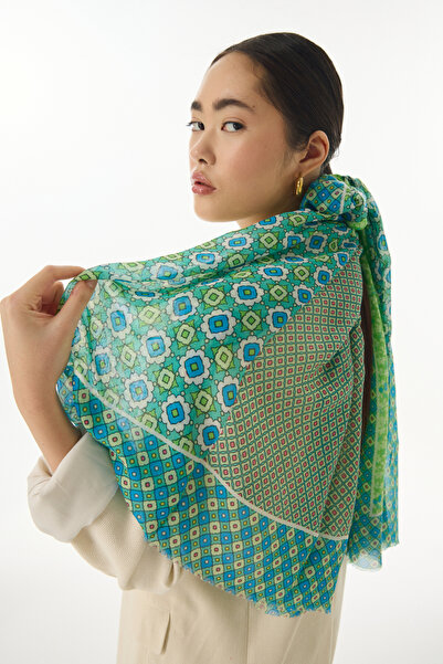 FENZA SCARF Памучен шал с неоново зелено-виолетово и геометричен флорален принт