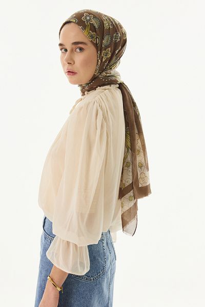 FENZA SCARF Καφέ βαμβακερό σάλι με φιόγκο Lotus