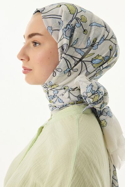 FENZA SCARF Σάλι LINA NINE με βαμβακερό σχέδιο - Πράσινο κρέμα και πράσινο Cagla