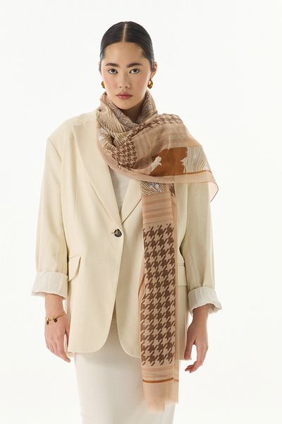 FENZA SCARF Μπεζ βαμβακερό σάλι - EVIE μοτίβο Houndstooth