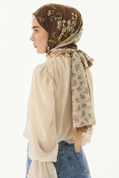 FENZA SCARF Καφέ βαμβακερό σάλι - Λιλά με λουλούδια