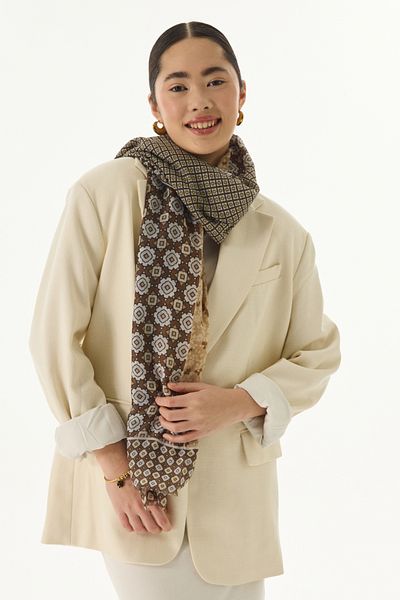 FENZA SCARF Brown Cotton Shawl - Violet Geometric Floral Pattern