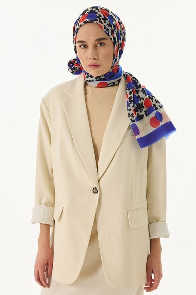 FENZA SCARF Βαμβακερό σάλι με γραφικό σχέδιο AMY - Saks Blue and Red