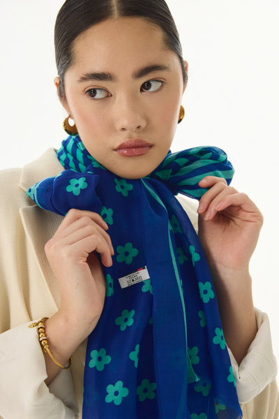 FENZA SCARF LENORA Βαμβακερό Σάλι - Ριγέ, Μοτίβο Μαργαρίτας, Navy Blue-Mint