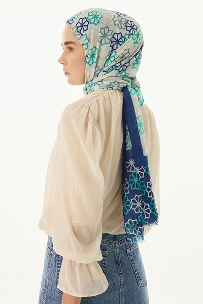 FENZA SCARF Σάλι Sirius Star Pattern Cream-Navy Blue βαμβακερό