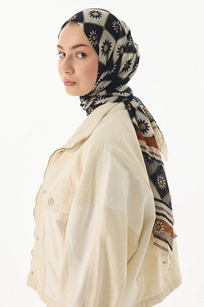 FENZA SCARF EDNA Ethnic Pattern Καφέ-Μαύρο Βαμβακερό Σάλι