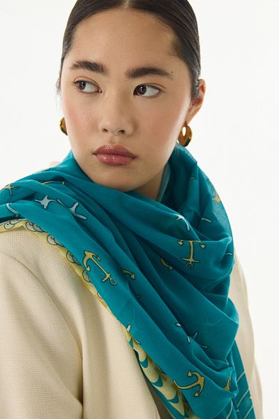 FENZA SCARF Șal din bumbac cu model TERRA OCEAN verde petrol