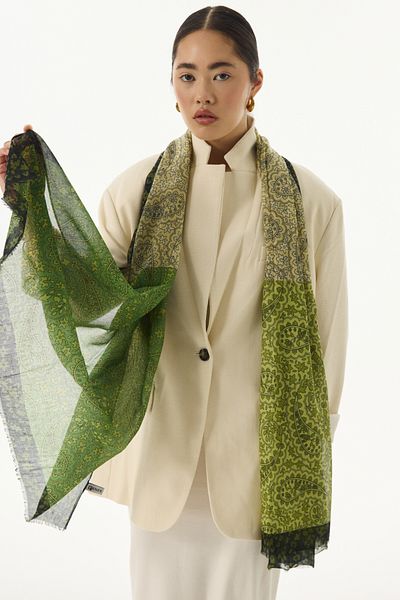 FENZA SCARF Μοτίβο λουλουδιών Aster Καρυδιά Πράσινο Μαύρο Βαμβακερό Σάλι