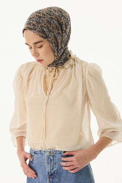 FENZA SCARF Μπεζ βαμβακερό μαντήλι με λουλούδια