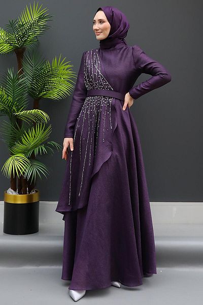 GİZ AGİYİM Asymmetric Stone Embroidered Dress Purple