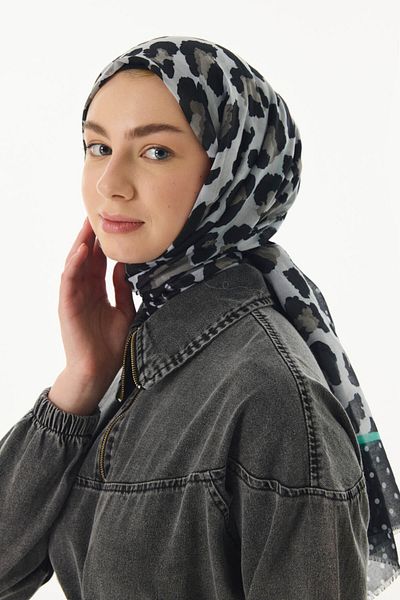 FENZA SCARF Dına - Gray-Green Cotton Leopard Patterned Shawl