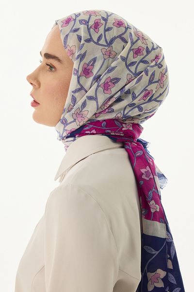 FENZA SCARF Φούξια-Μπλε βαμβακερό σάλι - ROSE Floral Pattern