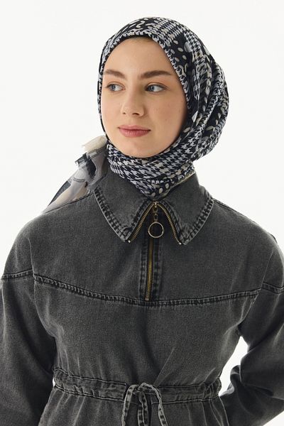 FENZA SCARF MAYA Mini șal din bumbac negru cu model de ghetare