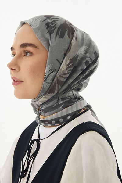 FENZA SCARF Σάλι GRACE Γκρι βαμβακερό με λουλουδάτο σχέδιο