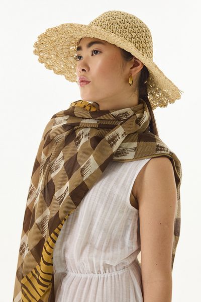 FENZA SCARF LULU Καφέ Βαμβακερό Σάλι - Μοτίβο Κύβου
