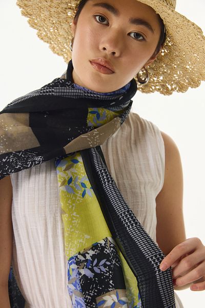 FENZA SCARF FAYLINN Μαύρο-Λάδι Πράσινο Βαμβακερό Σάλι - Μοτίβο Περιτυλίγματος