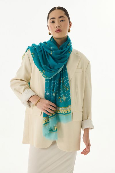 FENZA SCARF Șal din bumbac cu model TERRA OCEAN verde petrol
