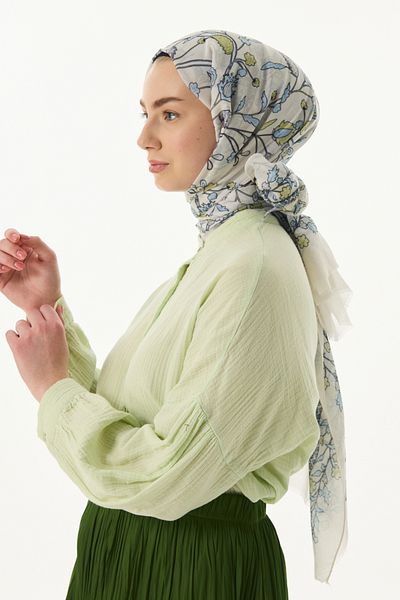 FENZA SCARF Σάλι LINA NINE με βαμβακερό σχέδιο - Πράσινο κρέμα και πράσινο Cagla