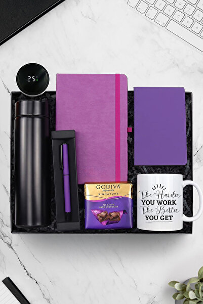 Trendmiya Siyah Dereceli Termos & Mor Defter-Not Defteri & Mor Roller Kalem-G...