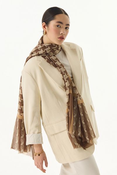 FENZA SCARF Σάλι MISTY καφέ βαμβακερό μοτίβο