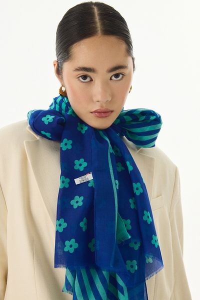 FENZA SCARF Şal de bumbac LENORA - dungi, model margarete, bleumarin-mentă