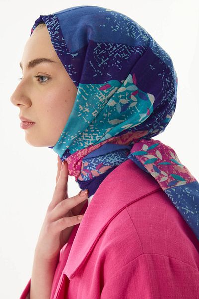 FENZA SCARF FAYLINN Saks Μπλε-Φούξια Βαμβακερό Σάλι - Μοτίβο Μπετελέ