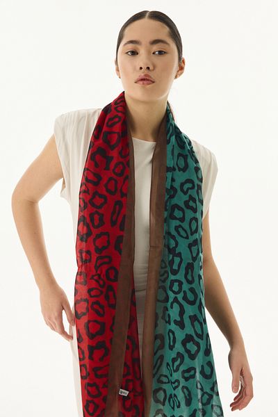 FENZA SCARF AMİRA Cotton Gradient Leopard Patterned Red-Green Shawl