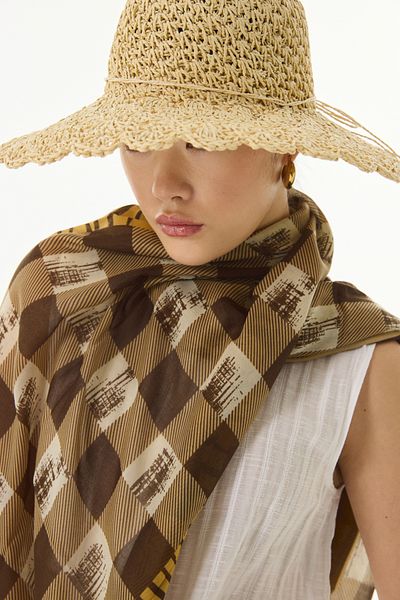 FENZA SCARF LULU Καφέ Βαμβακερό Σάλι - Μοτίβο Κύβου