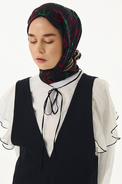 FENZA SCARF Şal din bumbac Mabel negru-bej - model cârmă