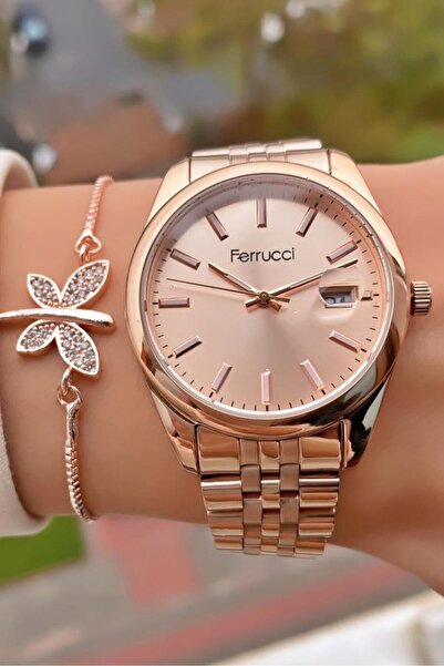 Ferrucci ساعة يد نسائية بسوار فولاذي بلون ذهبي وردي - سوار