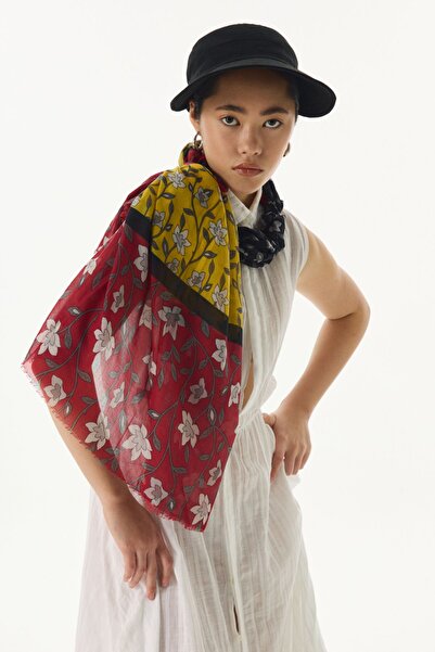 FENZA SCARF Red-Yellow Rose Flower Patterned Cotton Shawl