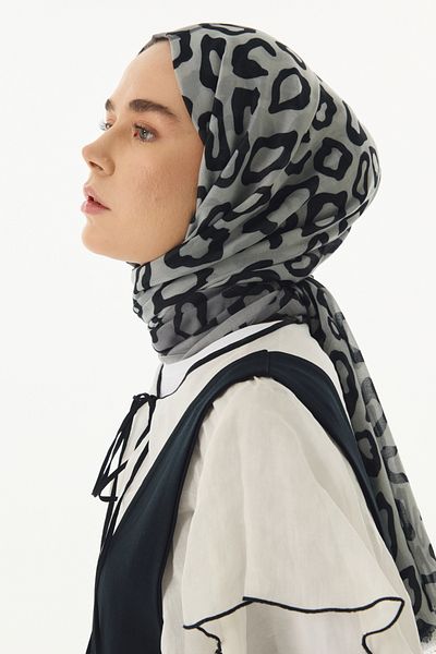 FENZA SCARF AMİRA - Γκρι-Αντρεζιτ Βαμβακερό Σάλι με Λεοπάρ σχέδιο