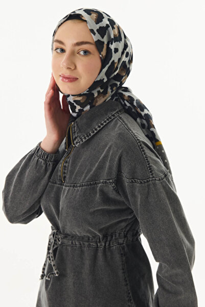 FENZA SCARF Dina - Polka Dot Leopard Patterned Grey-Yellow Cotton Shawl