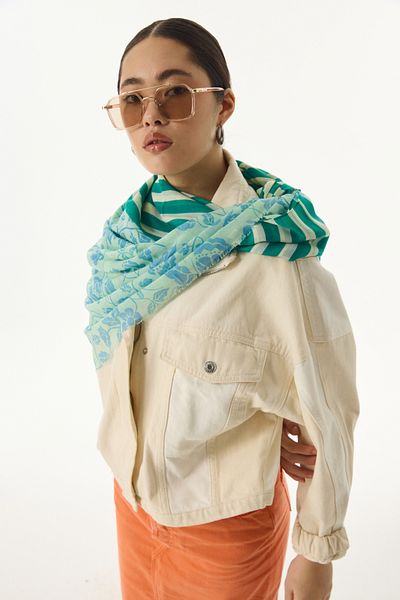 FENZA SCARF PAMELA șal din bumbac cu dungi verde apă