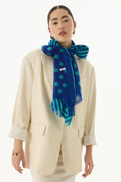FENZA SCARF Şal de bumbac LENORA - dungi, model margarete, bleumarin-mentă