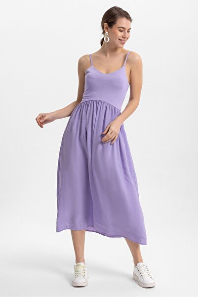 Evermade İp Askılı Belden Büzgülü Midi Boy Elbise