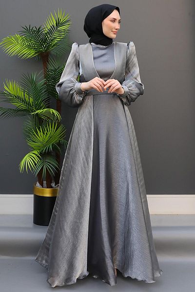 GİZ AGİYİM Βραδινό φόρεμα V πλισέ Hijab Σκούρο Γκρι