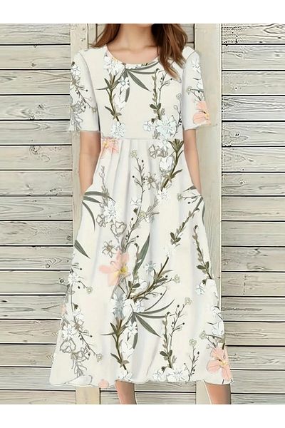 Viyamo Women's Midi Length Pocket Floral Printed Single Jersey Dress - Short Sleeve
