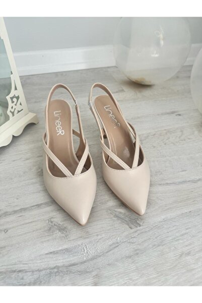 LİNEER Μπεζ Χρώμα 7 εκ. Κύπελλο με τακούνι - Ανοιχτή πλάτη Vegan Leather Clas...