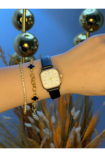 diana pole ساعة كلاسيكية للسيدات باللون الأسود مع علبة ذهبية وسوار جلدي