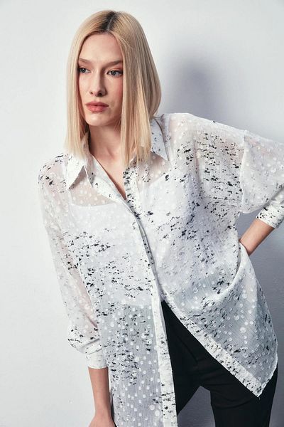 Sateen Cămașă de damă 1395-2011 cu frunze largi Ecru-argintiu