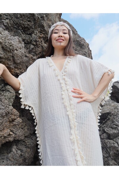 Su Koleksiyon Atlas Kaftan Sile υφασμάτινο βαμβακερό καφτάνι με φούντες