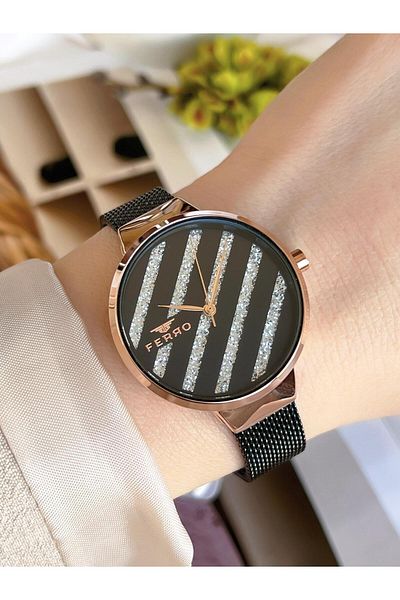 FERRO Black Straw Cord Colorfast 30 Meters Water Resistant Special Design Women's Wristwatch 21153-R