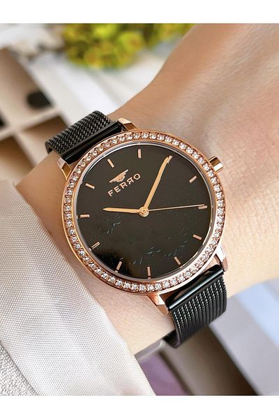 FERRO Black Straw Cord Colorfast 30 Meters Water Resistant Special Design Women's Wristwatch 21242-R