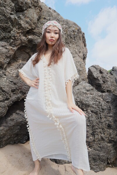 Su Koleksiyon Atlas Kaftan Sile υφασμάτινο βαμβακερό καφτάνι με φούντες