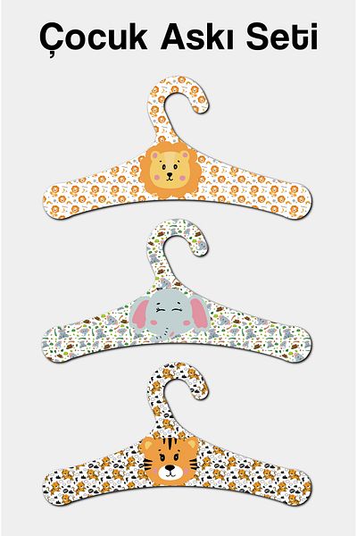 kutuTR Wooden Children's Hanger Lion-Elephant-Tiger Patterned 9 Pieces Hangers
