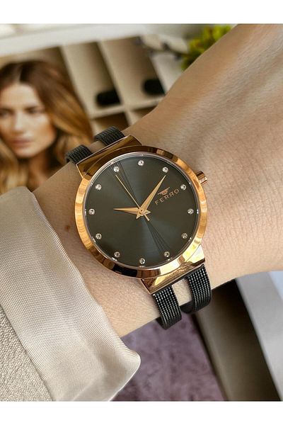 FERRO Black Straw Cord Colorfast 30 Meters Water Resistant Special Design Women's Wristwatch 2996-R